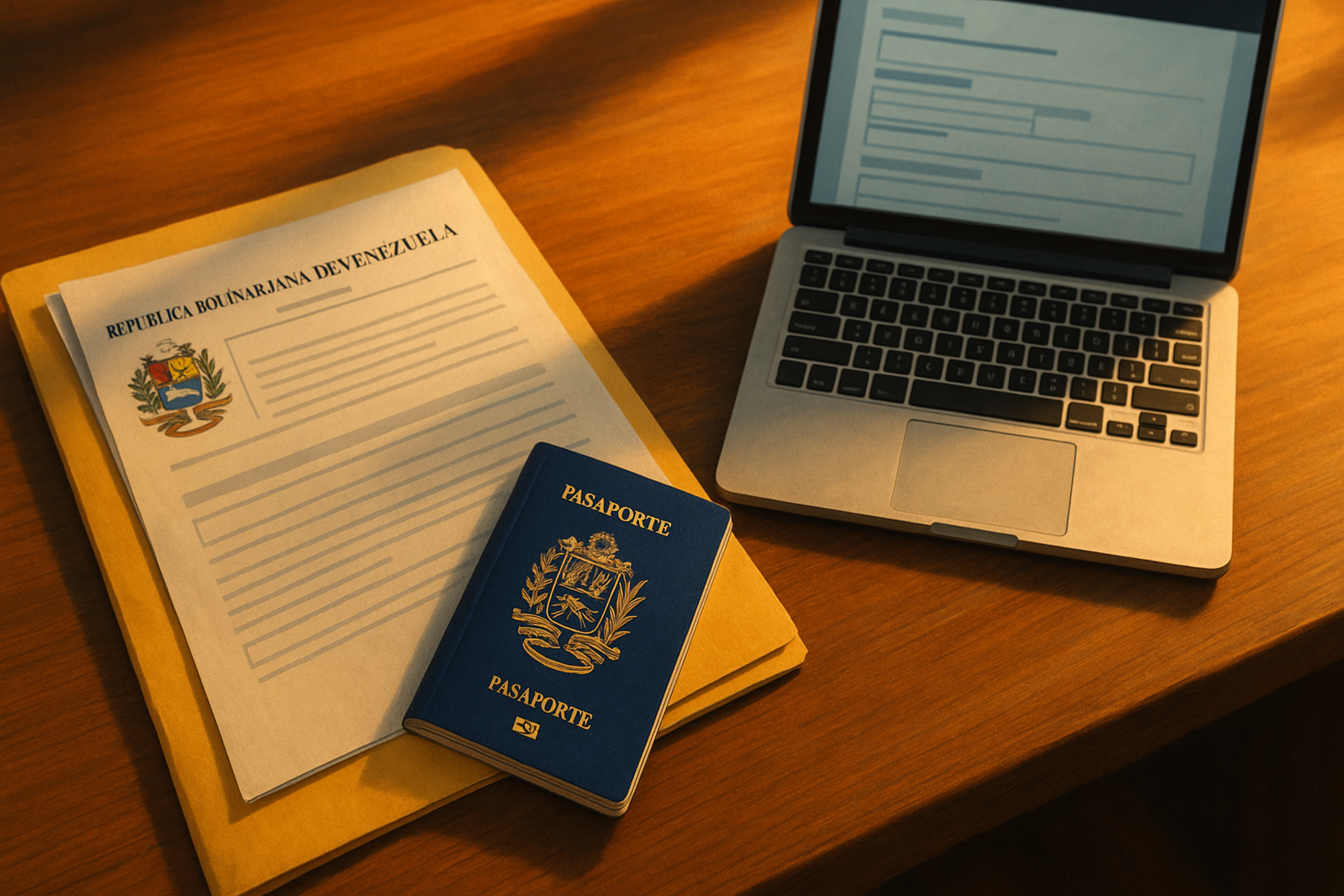 Carpeta de documentos y pasaporte sobre mesa, apostillar desde el exterior