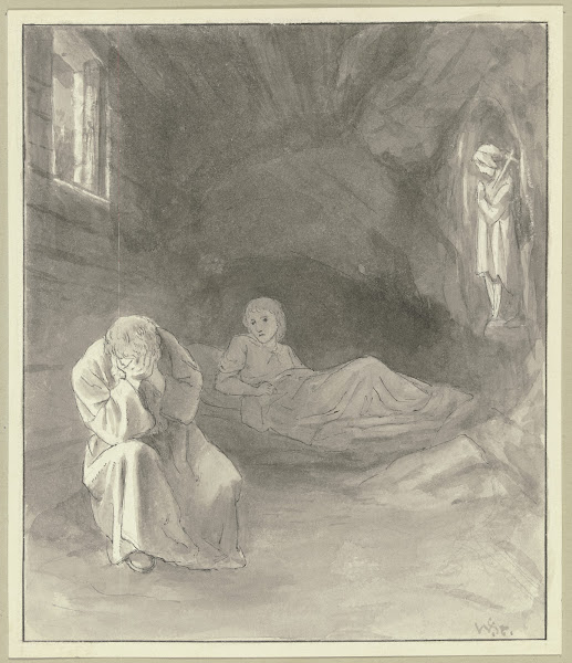 Am Tisch sitzender Mann in einer Felsnische ca 1884