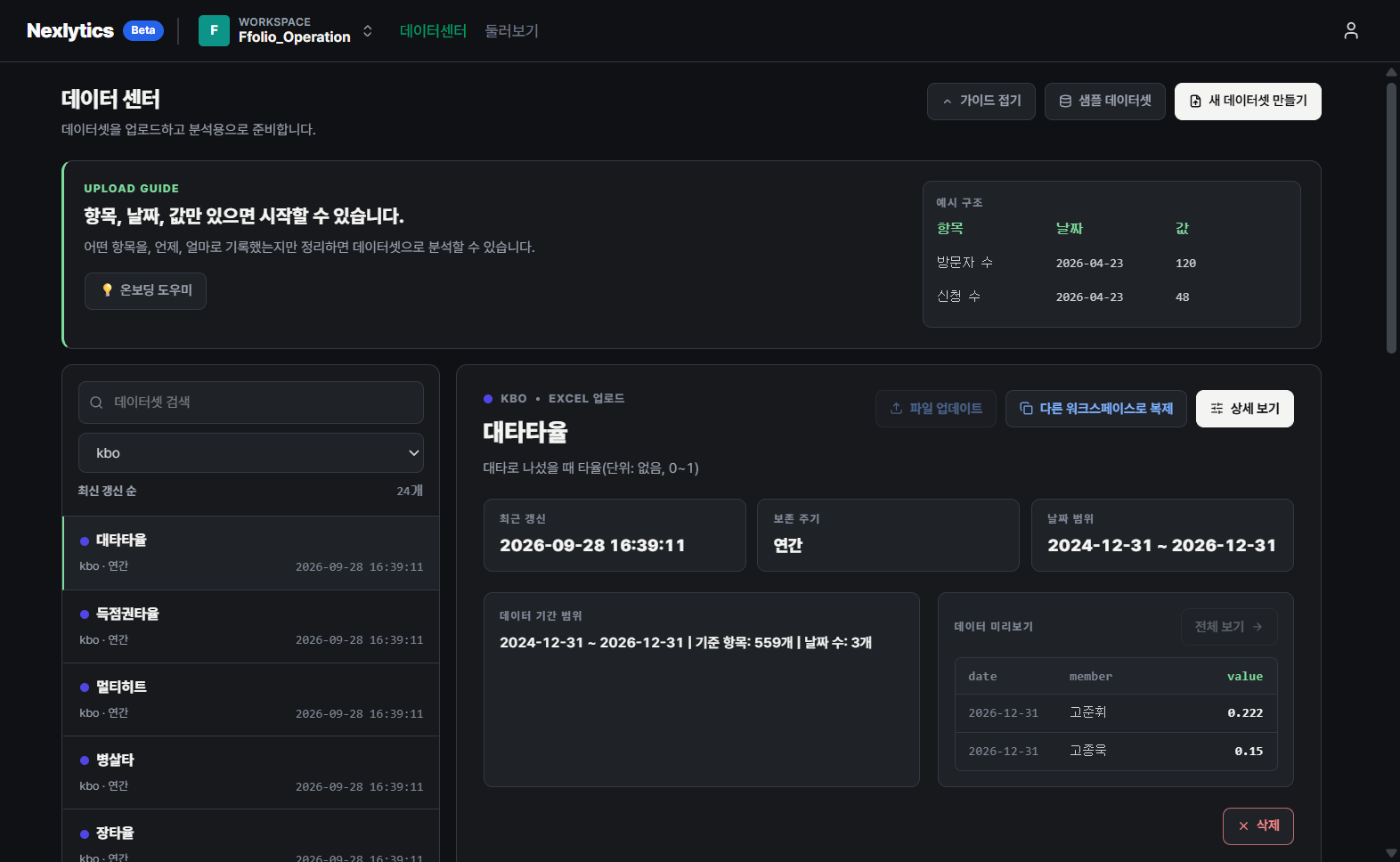 카테고리 kbo를 선택한 목록