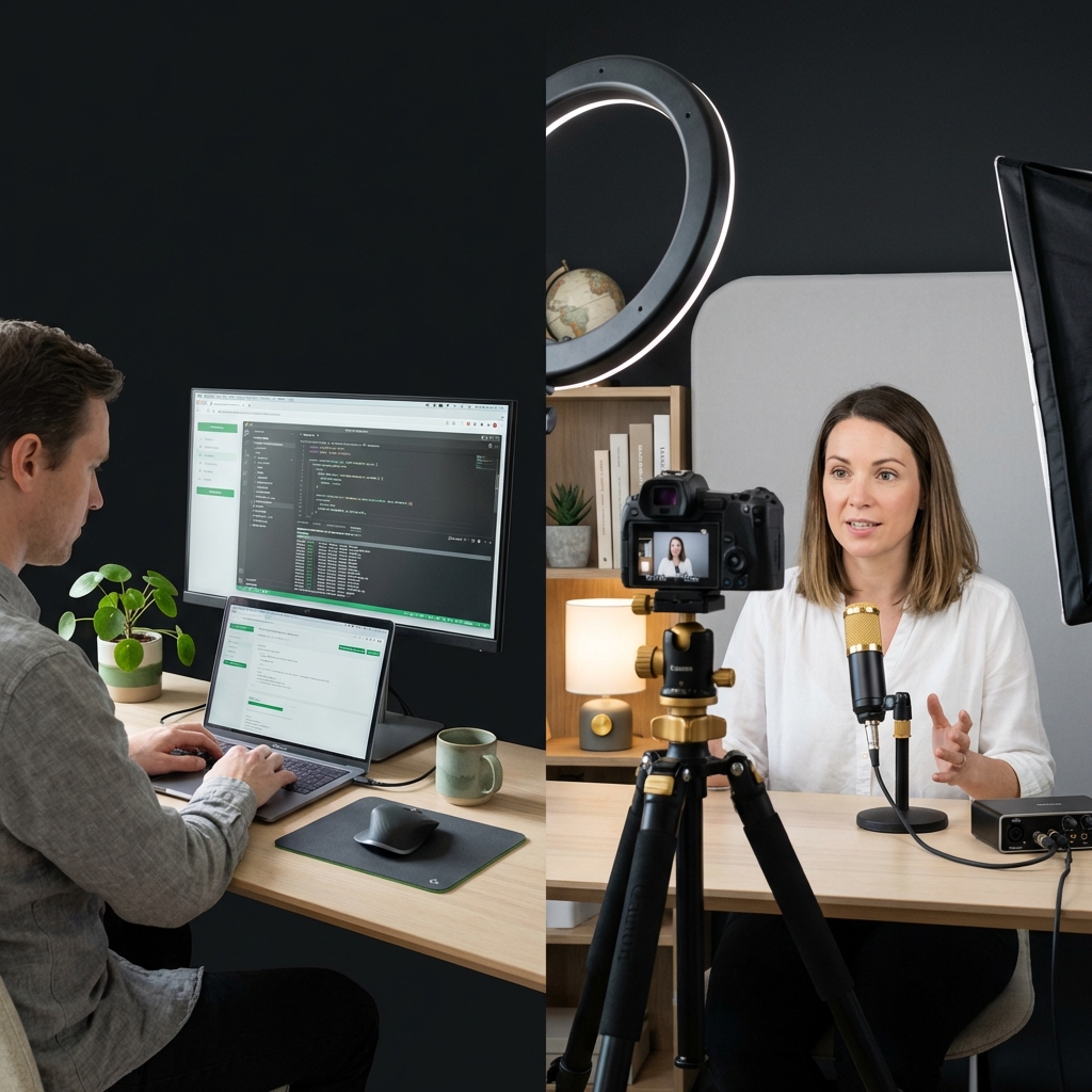 Split screen photo of a freelancer coding and a course creator filming in minimalist home setups illustrating ways to make passive income online