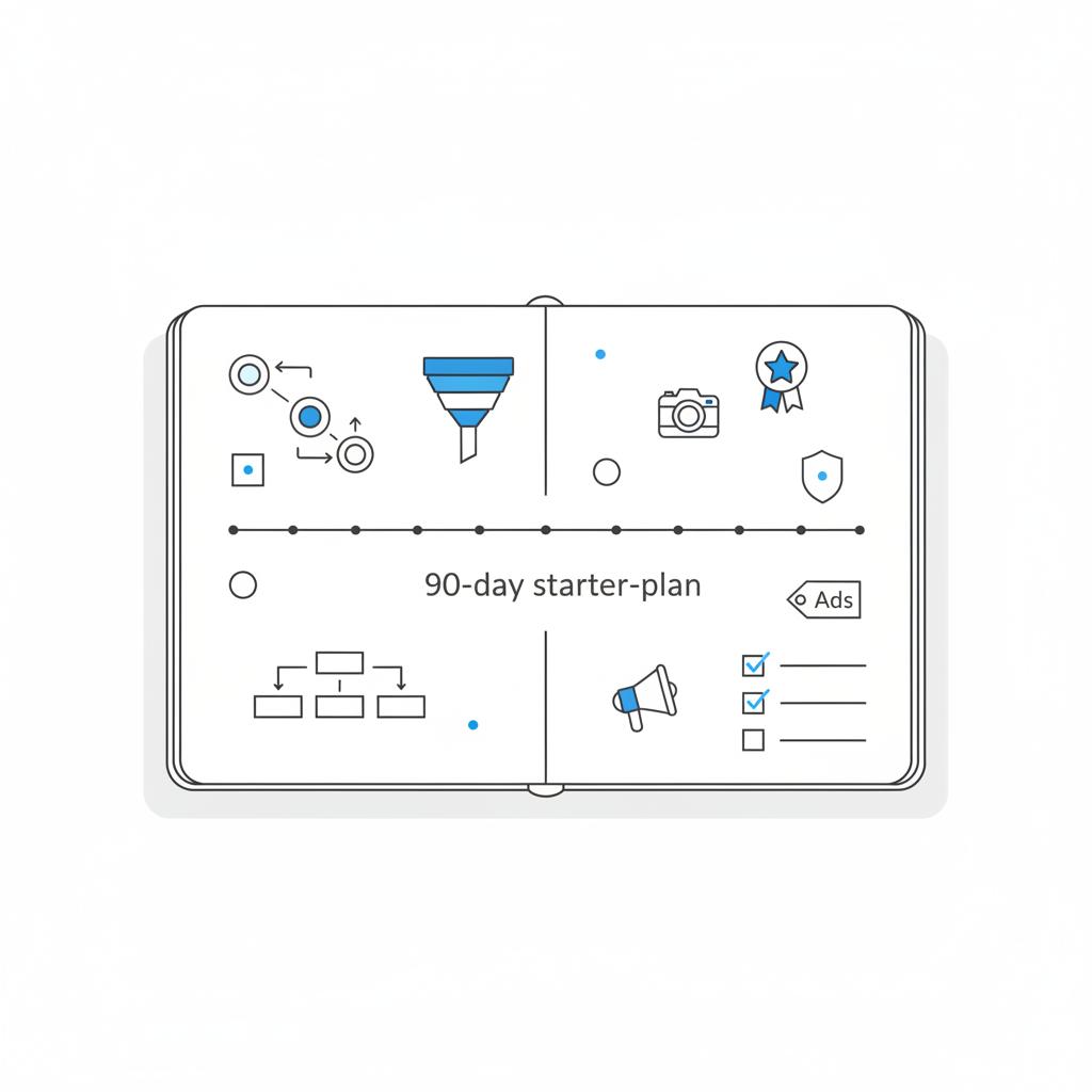 Minimal vector notebook spread with 90-day timeline, icons for photos, reviews and ads, and a small checklist &mdash; how to market a general contracting business