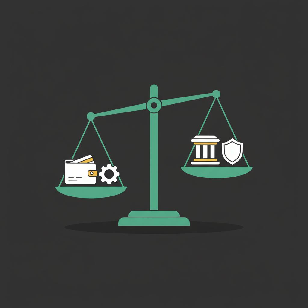 Minimal 2D vector balanced scale with utility icons on left and regulatory risk icons on right on dark background illustrating trade offs for best crypto to invest in