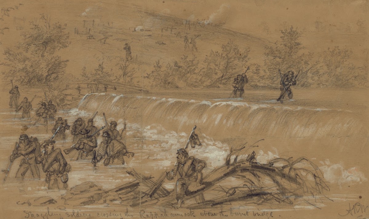 Straggling soldiers crossing the Rappahannock above the burnt bridge 1863