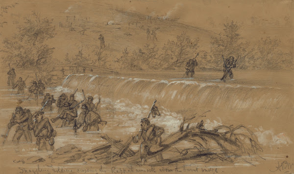 Straggling soldiers crossing the Rappahannock above the burnt bridge 1863