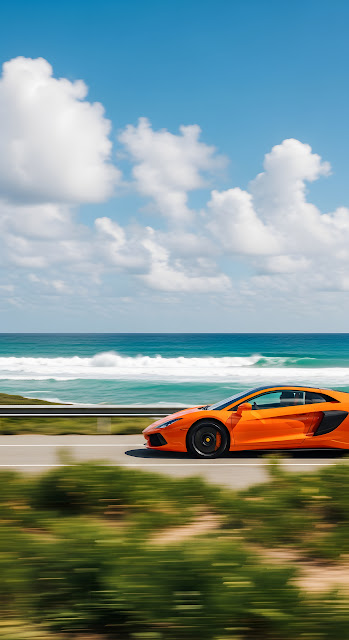 Orange Supercar Coastal Drive - Free mobile Wallpaper