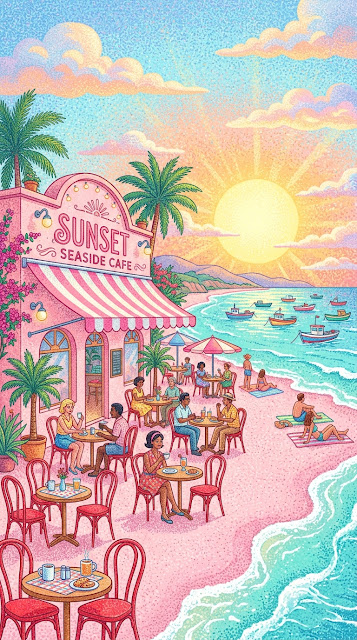 Retro Tropical Beach Cafe Illustration with Pink Sand and Palm Trees - Free mobile Wallpaper