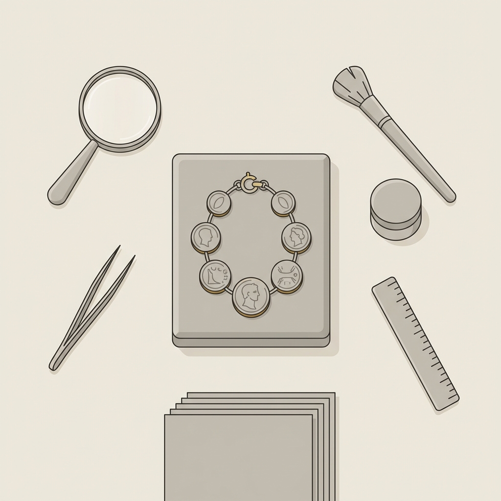 Top view minimalist vector of a conservators workspace featuring an ancient roman coin necklace on a padded tray surrounded by magnifying glass tweezers brush and blank documentation