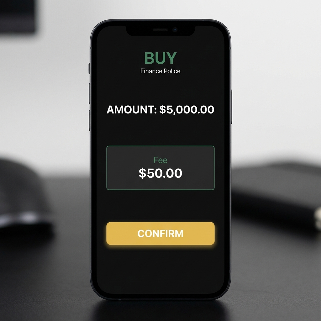 Close up mobile buy screen with highlighted fee box and confirm button in Finance Police style interface best platform to buy cryptocurrency