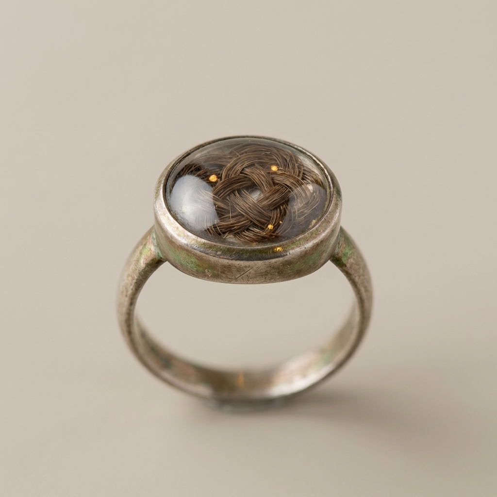 Macro photograph of an antique widows ring bezel showing hairwork under glass and aged patina on the hoop on a neutral #ede7da background