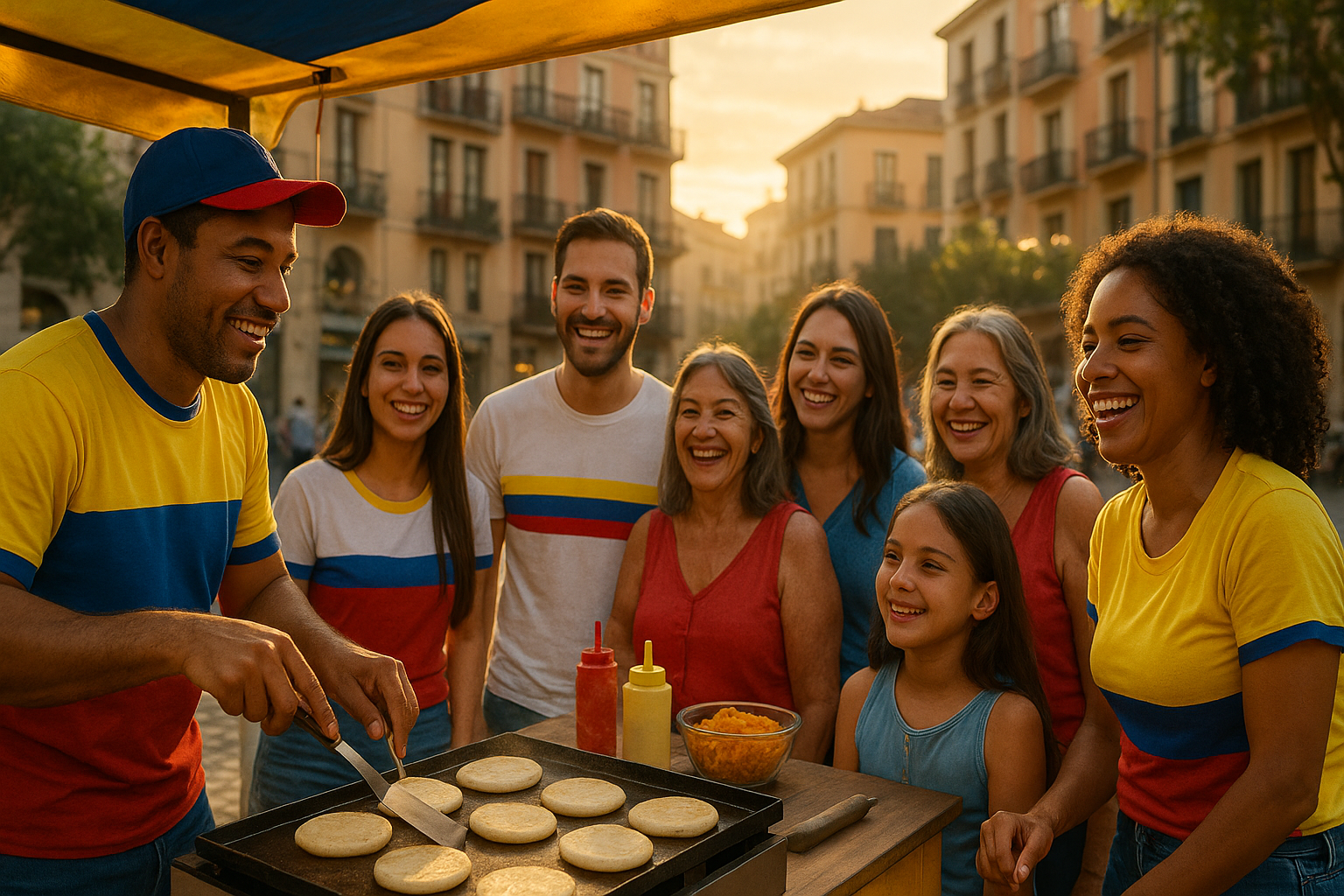 Venezolanos compartiendo arepas en un puesto callejero con ambiente familiar