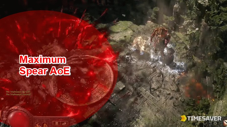 The Trialmaster's Sunder ground-slam — the red expanding spear AoE that one-shots most builds
