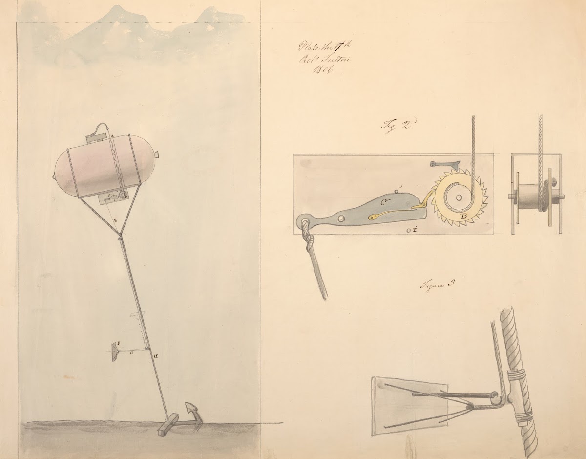 Submarine An anchored mine showing machinery 1806