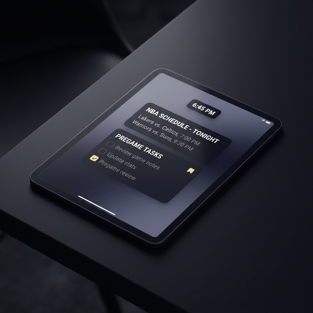 Close up tablet showing NBA schedule and checklist with pregame clock 6 45 PM minimalist Funded Plays UI in brand colors Building an NBA Daily Trading Routine