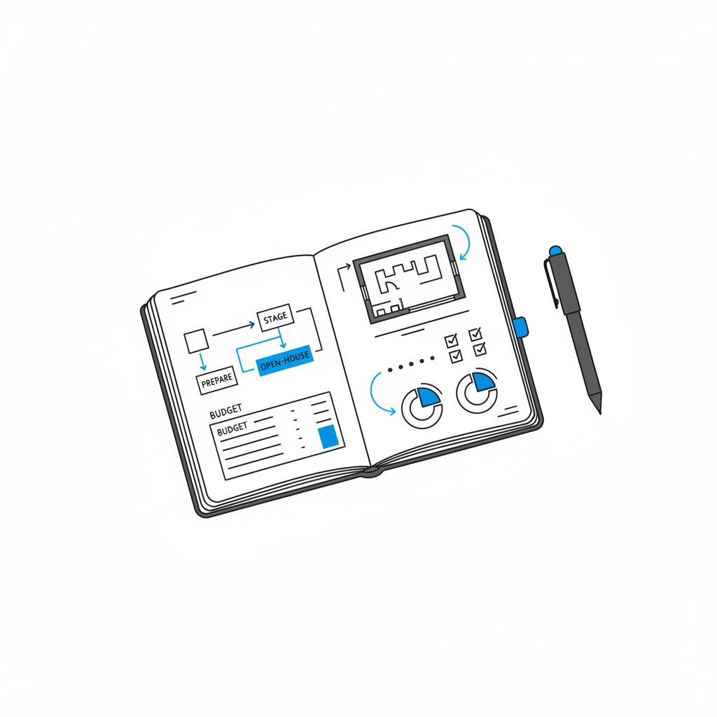 Minimal 2D vector flat-lay of an open notebook with a weekend open-house flow sketch, color-coded budget table, and pen in Agency Visible palette &mdash; is X good for real estate agents