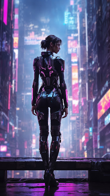 Cyberpunk Woman in Neon City at Night - Free mobile Wallpaper