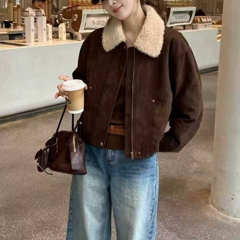 Women's winter jacket, suede look, lamb wool lining