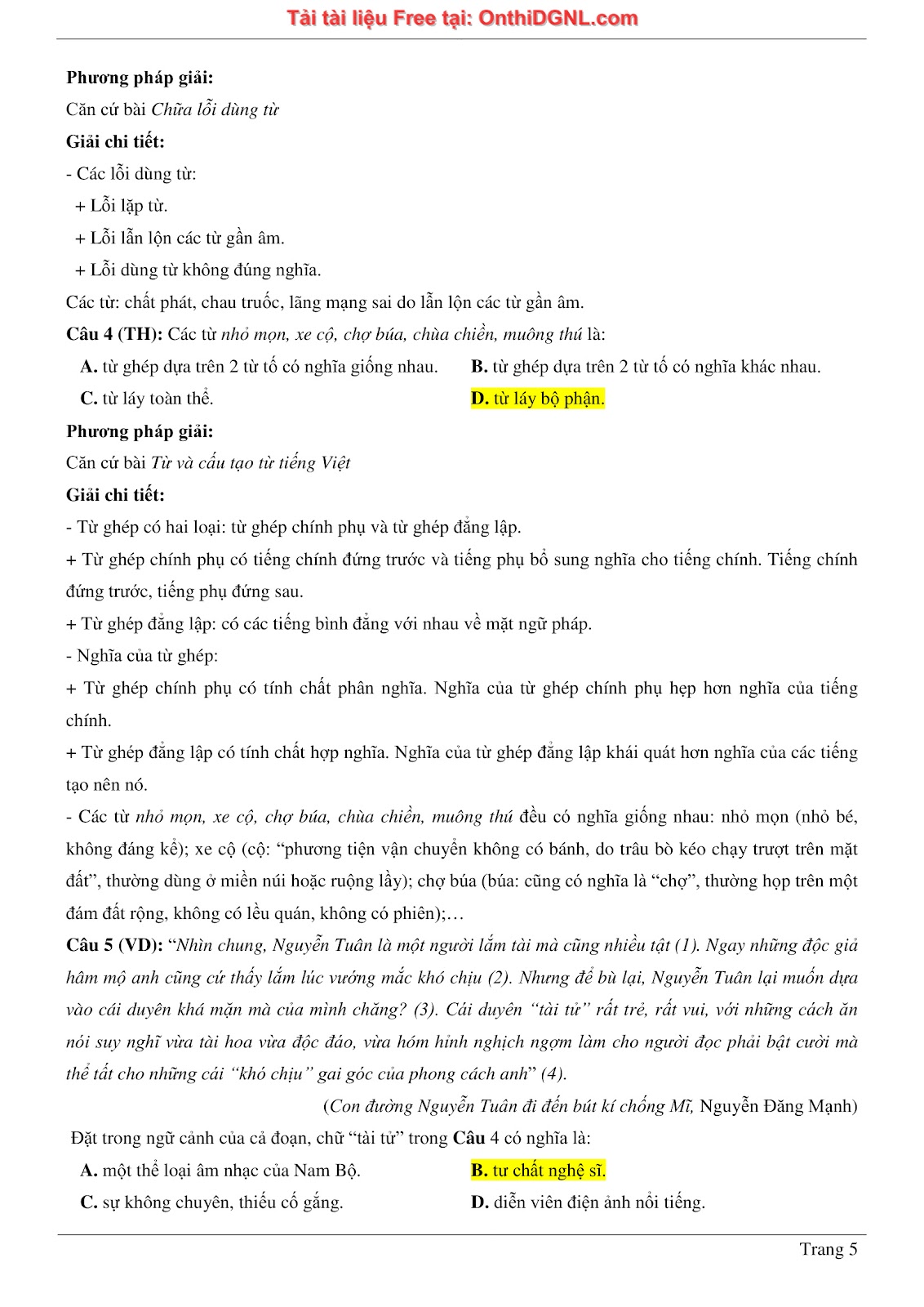 500 bài tập môn Ngữ Văn - Ôn thi ĐGNL ĐHQG TP HCM Phần 21