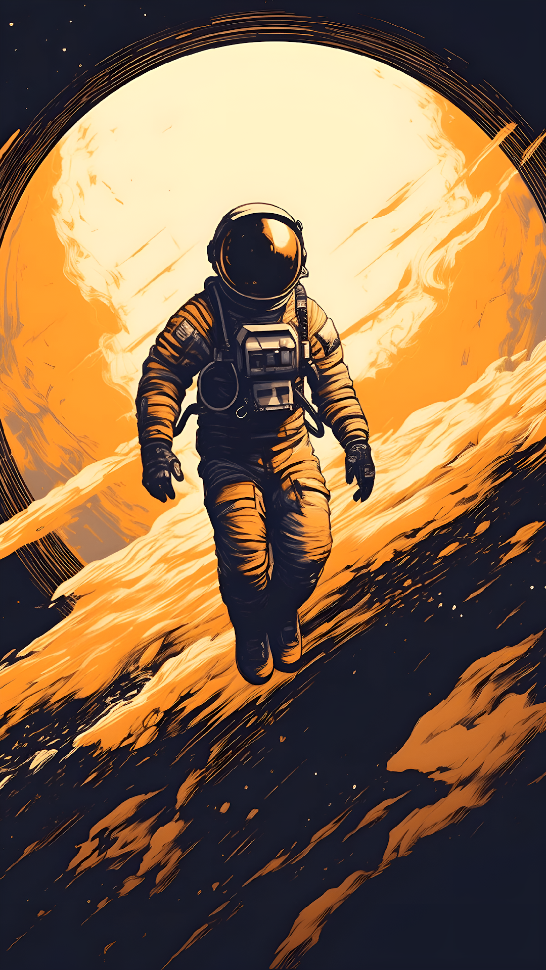 Retro Sci Fi Astronaut Orange Planet Art Illustration - Free 4K mobile Wallpaper