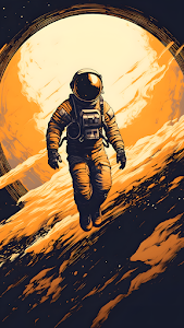 Retro Sci Fi Astronaut Orange Planet Art Illustration