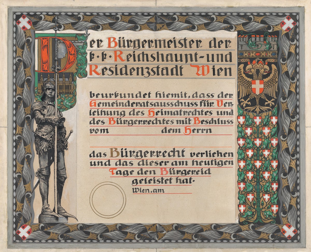Design for a certificate of citizenship awarded by the city of Vienna