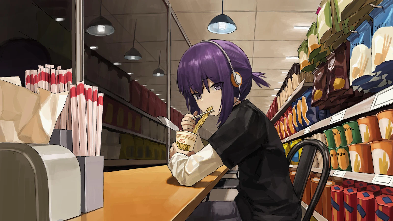 Anime Girl Eating Cup Noodles - Anime Illustration 4K Wallpaper (3840x2160)