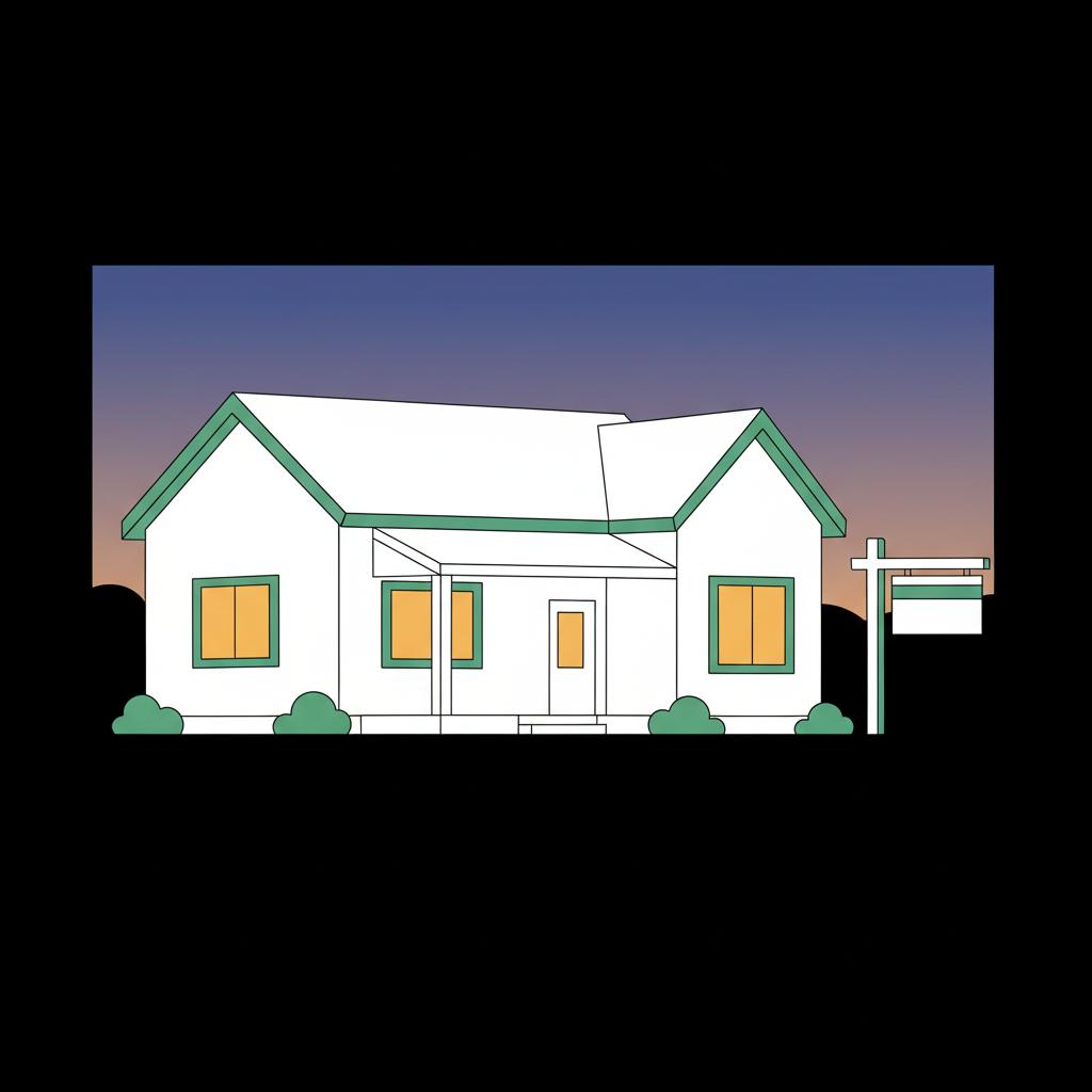 Minimalist 2D vector of a modest rental home at dusk with a blank managed sign and subtle green Finance Police accents passive income $1000 a month
