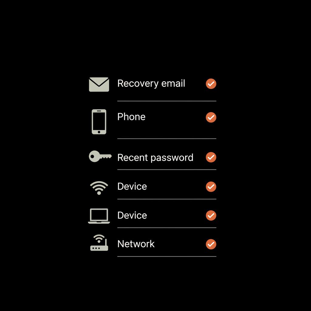 Gmail account recovery checklist infographic with envelope, phone, recent-password key, device and WiFi icons and accent checkmarks on black background