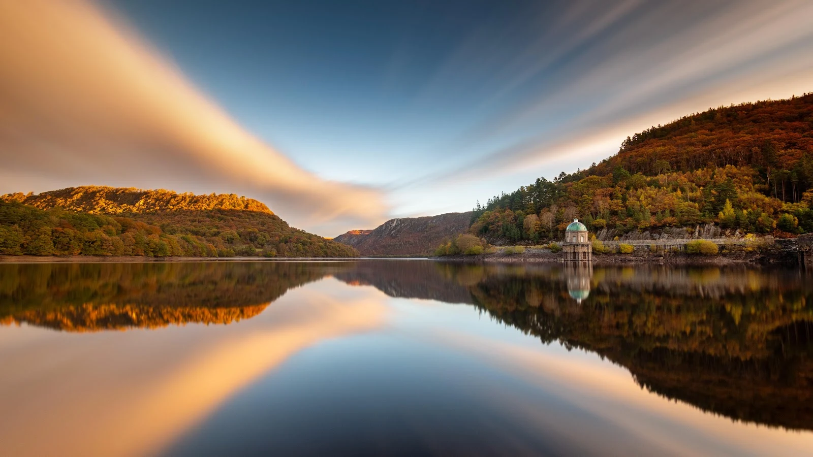 Reservoir, Autumn, Long Exposure, Reflection 5K Wallpaper Background (5120x2880)