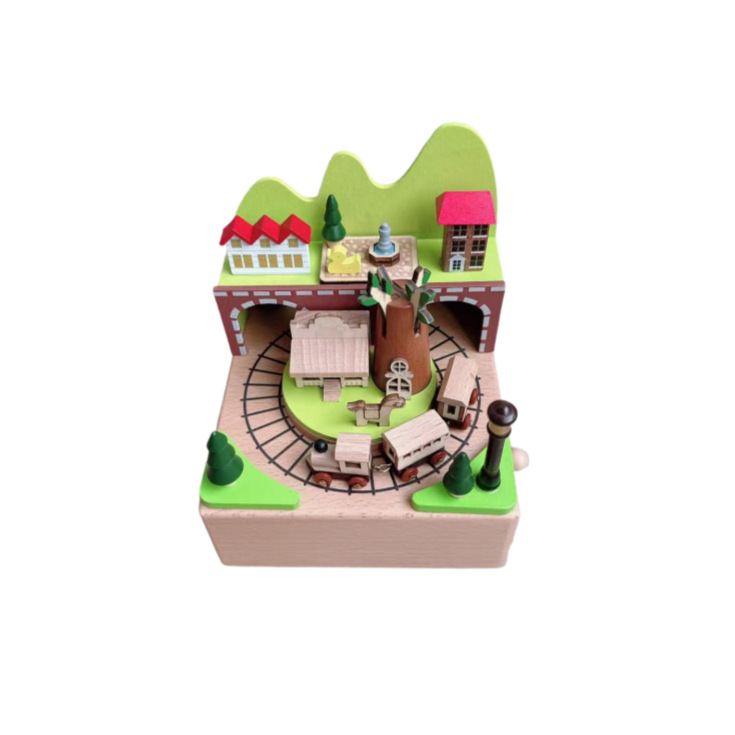 Manual music box made of beech wood with train motif