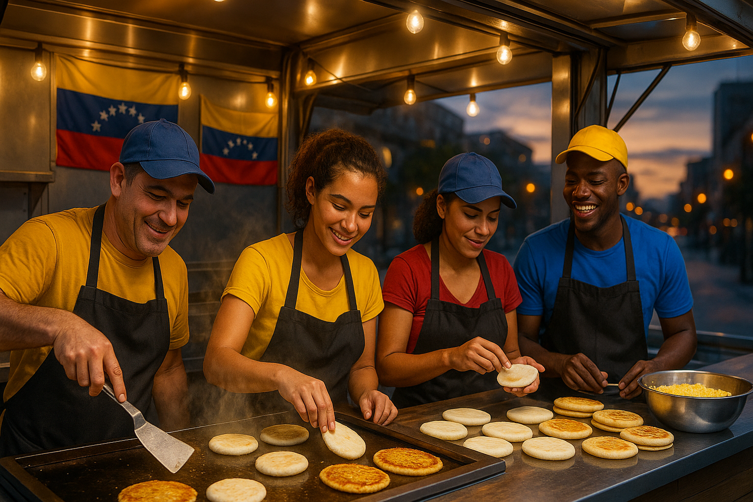 Venezolanos en un food truck preparando arepas, banderas discretas y sonrisas