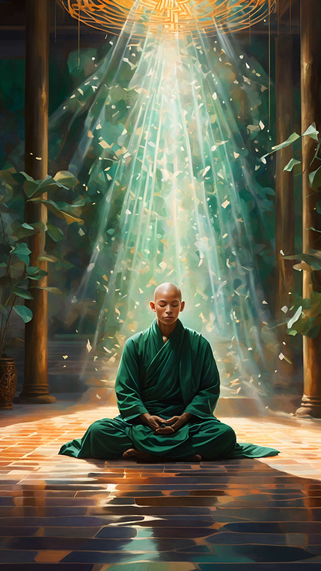Meditating Monk Bathed in Ethereal Green Light Beam - Free 4K mobile Wallpaper