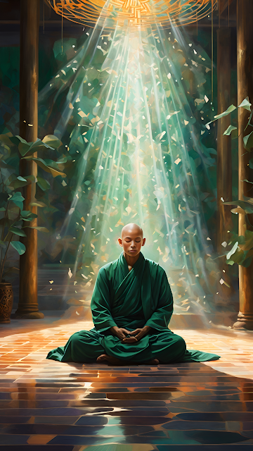 Meditating Monk Bathed in Ethereal Green Light Beam - Free mobile Wallpaper