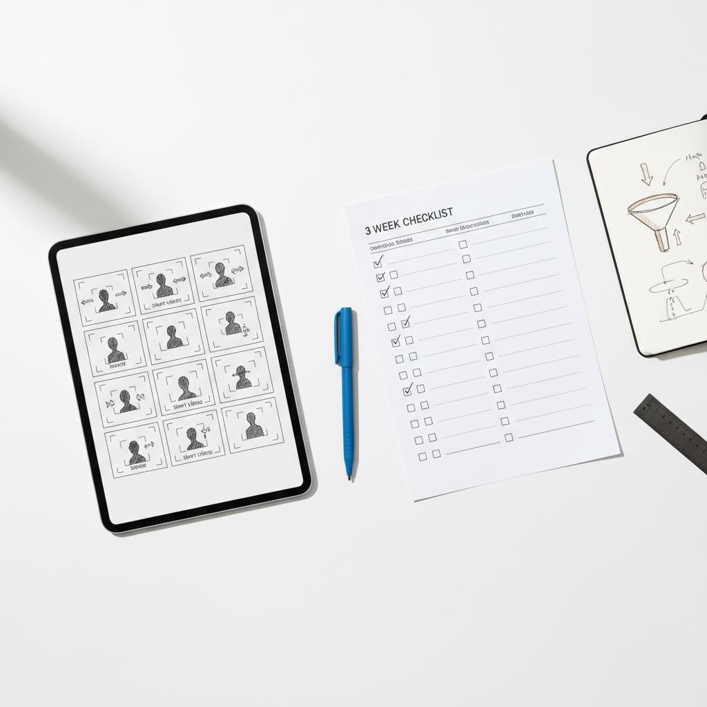 Flat lay desk with tablet showing hand-drawn storyboard thumbnails, a printed three-week checklist (no text), pen and open notebook; TikTok advertising test setup, white background.