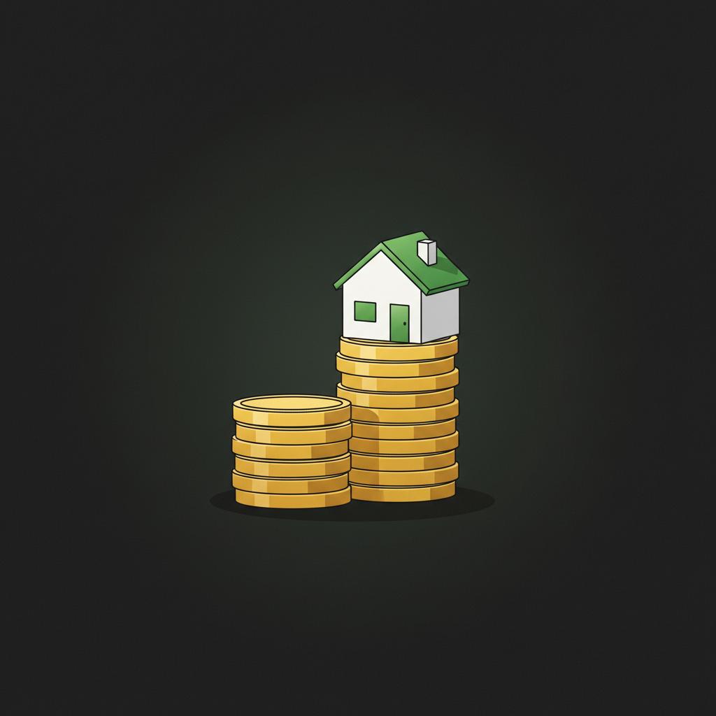 Minimal vector illustration of stacked coins and a small model house representing REIT income and monthly dividend stocks on a dark background with green brand accents