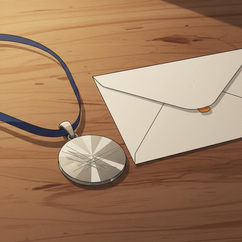 Nahaufnahme eines gravierten Edelstahl-Anhängers auf Geschenkband neben leerer handgeschriebener Karte auf Holzoberfläche – Geschenkideen Konfirmation Patenkind, Steelmonks-Farben.