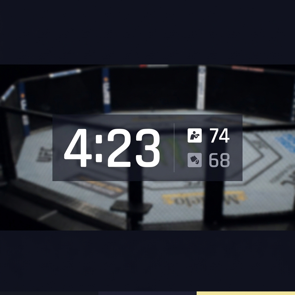 Close up of livestream fight clock and strike count overlay on a dark Funded Plays style background showing numeric time and strike counts minimalist layout Trading Heavy Favorites in MMA