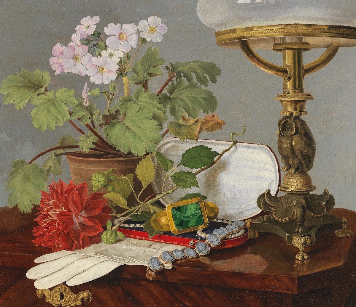 Still Life with Geraniums Dahlias Glacé Gloves and Jewels