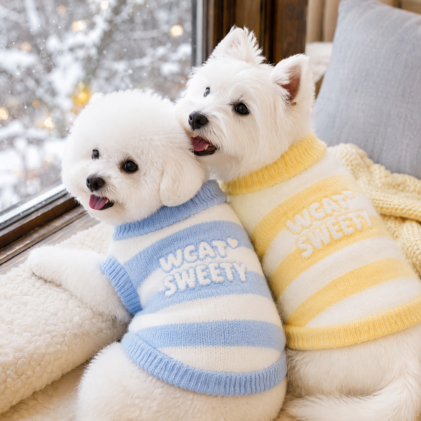 Knitted sweater for pets, sleeved, striped pattern