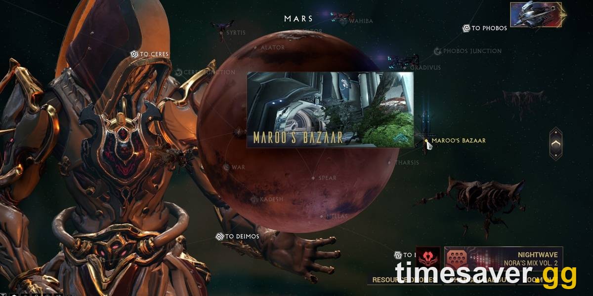 Maroo's Bazaar on the Mars star chart — one of the two places Tenno trade Platinum in Warframe