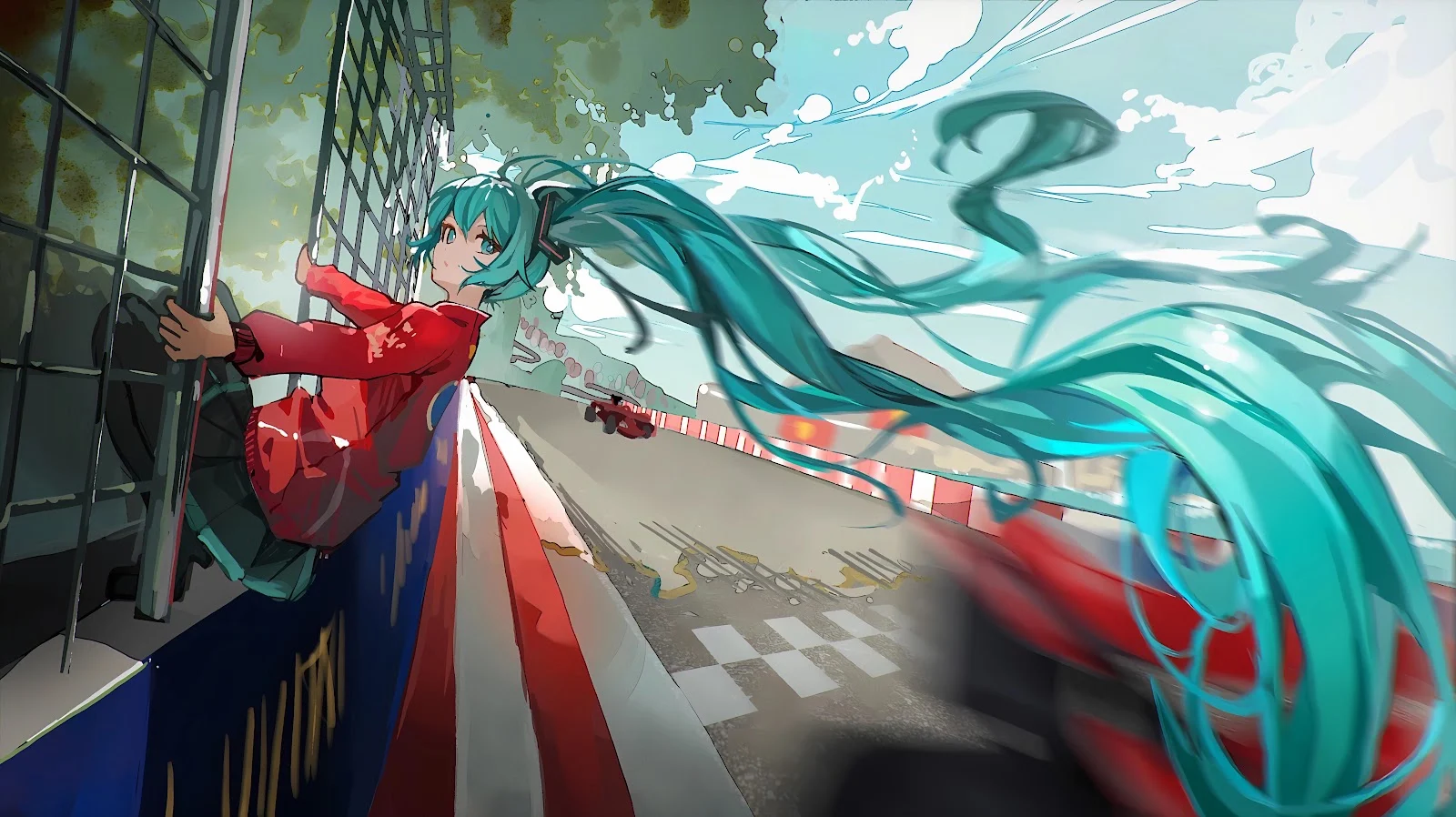 Hatsune Miku at the Racetrack - Anime Digital Art 8K Wallpaper (8000x4488)