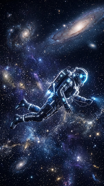 High-Tech Diver Exploring an Ocean of Stars and Cosmic Particles - Free mobile Wallpaper