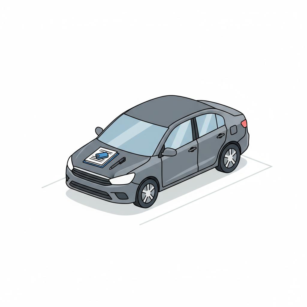 Minimalist 2D vector of a parked car with an open packet of documents and a key fob on the hood representing edmunds car value review in neutral daylight