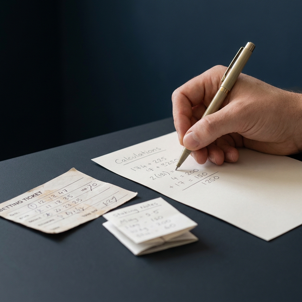 Close up of a betting ticket and a hand calculating combinations on paper with pen and staking notes on a dark Funded Plays styled background types of bets horse racing