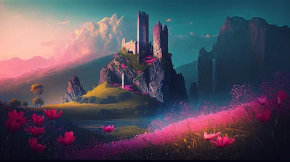 Ai Art, Illustration, Castle, Flowers, Purple 4K Wallpaper Background