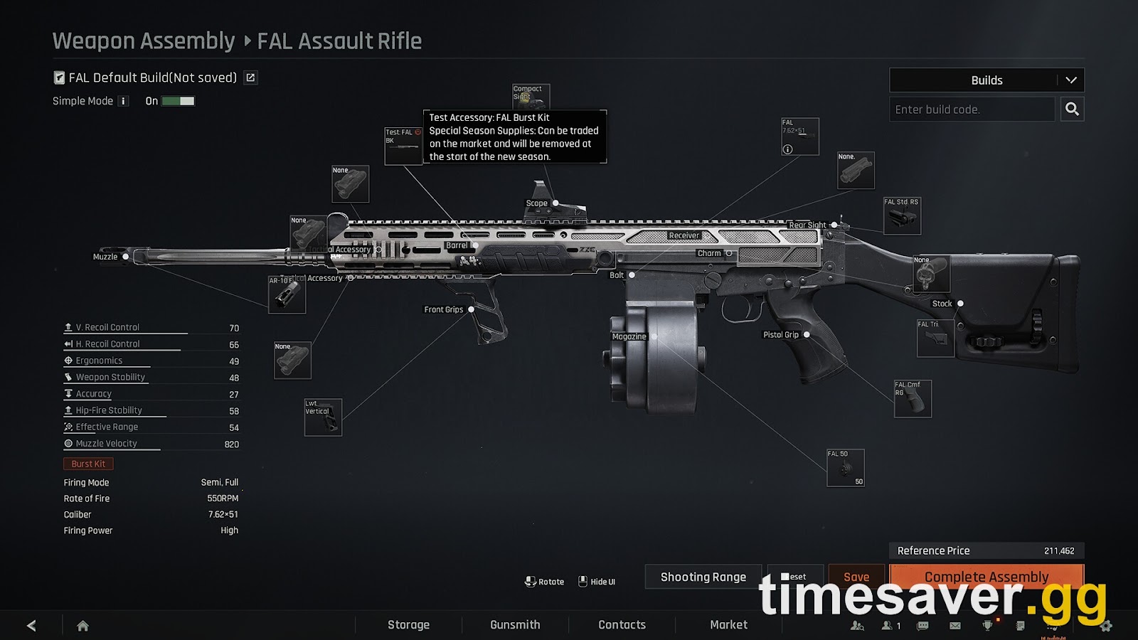 Arena Breakout: Infinite Weapon Assembly (Gunsmith) screen showing a FAL build with its full attachment map and a stat panel — recoil control, ergonomics, accuracy, effective range and reference price — the loadout UI where a budget kit is assembled