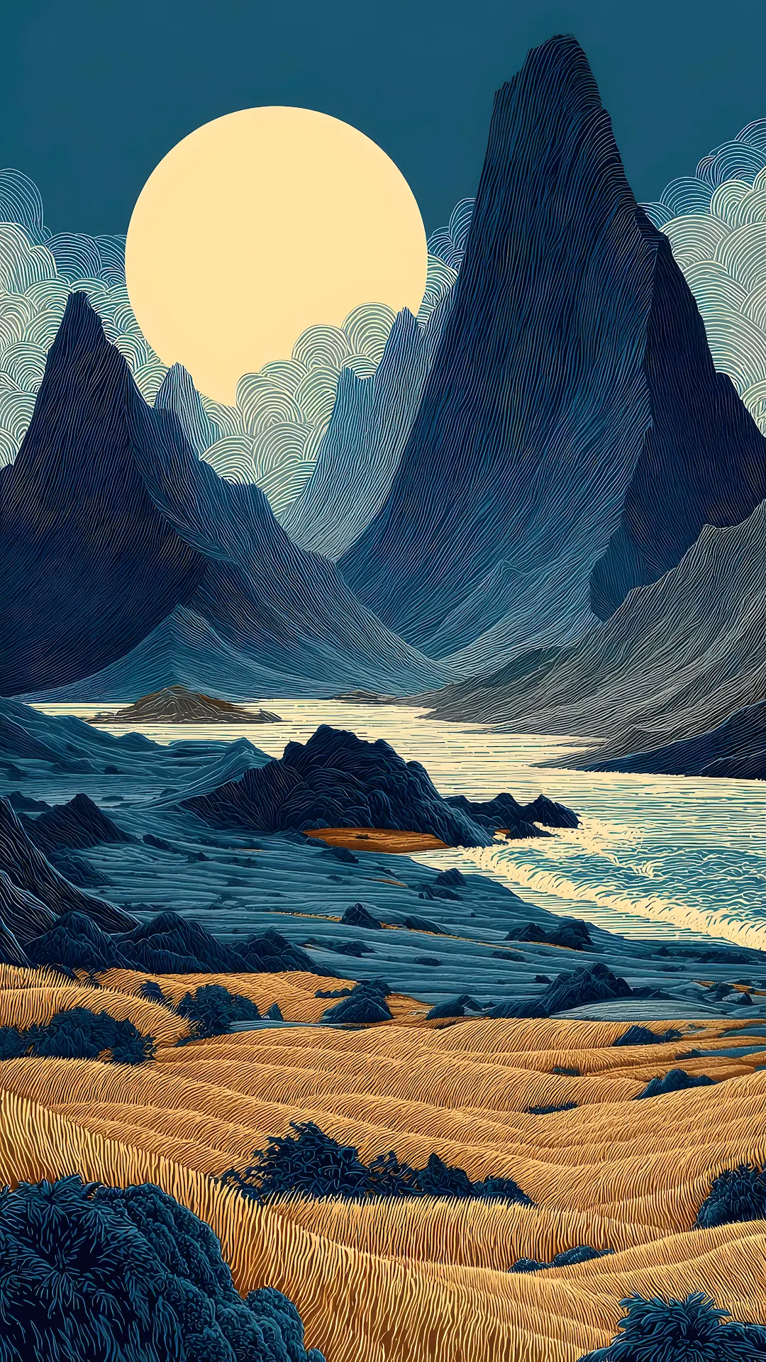 Stylized Mountain Valley Landscape with Golden Fields - Free 4K mobile Wallpaper