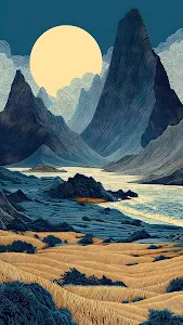 Stylized Mountain Valley Landscape with Golden Fields