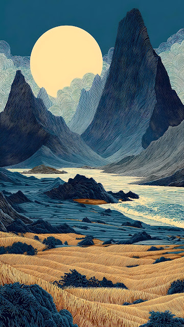Stylized Mountain Valley Landscape with Golden Fields - Free mobile Wallpaper