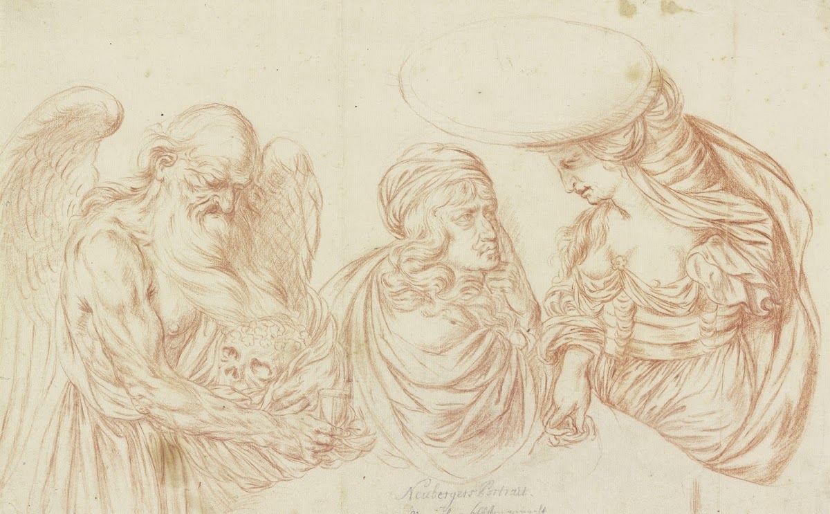 Selbstbildnis des Künstlers zwischen Chronos und Pallas Athene für eine Wachsbos