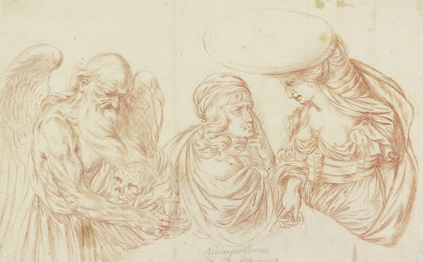 Selbstbildnis des Künstlers zwischen Chronos und Pallas Athene für eine Wachsbos